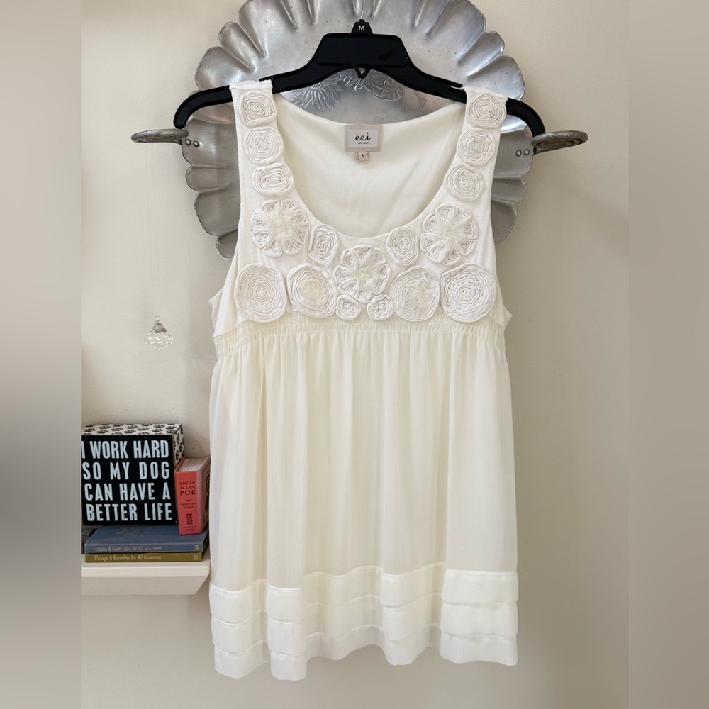 White Sleeveless Top with Floral Embellishments, INC, Size L